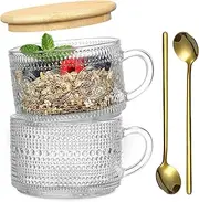 Vintage Coffee Mugs, Overnight Oats Containers with Bamboo Lids and Spoons - 14oz Clear Embossed Glass Cups, Cute Coffee Bar Accessories, Iced Coffee Glasses, Ideal for Cappuccino, Tea, Latte, 2 Pack