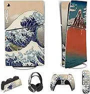 PlayVital Full Set Skin Sticker for ps5 Slim Console Digital Edition (The New Smaller Design), Vinyl Skin Decal Cover for ps5 Controller & Headset & Charging Station & Media Remote - The Great Wave