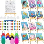 Ireer 12 Set Kids Paint Party Set Sip and Paint Kit Include 12 Printed Pre Drawn Canvas, Easels, Palettes, Apron 36 Brushes for DIY Art Back to School Party Birthday(Mermaid)
