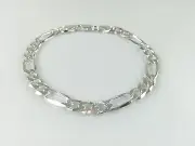 Solid 925 Sterling Silver Ladies Chain Bracelet Figaro Pave Italian Style 7"