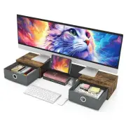 Dual Monitor Stand Riser with Two Drawers, Extra Large Storage Rustic Brown
