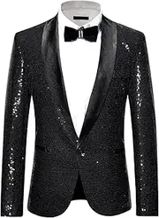 [Lars Amadeus] Men's Sequin Sport Coats Shawl Lapel Button Wedding Shiny Blazer