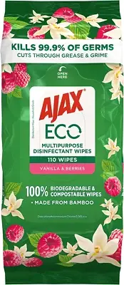 Ajax Eco Antibacterial Disinfectant Surface Cleaning Wipes, Bulk 110 Pack, Vanil