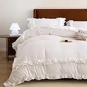 Wotcsil White Ruffle Bedding Set for Women Girls Ruffled King Duvet Cover Set Plain Duvet Cover Shabby Chic Retro Double-Layer Frill Edge Design with Pillowcase
