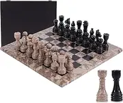 Marble Chess Set 15 Inches Oceanic and Black Handmade - Outdoor Board Game for Adults - 2 Player Chess With Chessboard & 32 Pieces