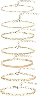 [GAFATORY] Gold Ankle Bracelets for Women Waterproof 7 PCS 14K Gold Plated Cuban Figaro Link Chain Anklets Set Summer Beach Jewelry for Women Adjustable Size, normal, yellow diamond