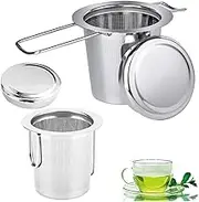 Tea Infuser Stainless Steel Tea Strainer Folding Handle Tea Filter with Folding Handle and Lid,Hanging On Teapots Mugs Cups to Steep Loose Leaf Tea and Coffee(1 Piece,Silver)