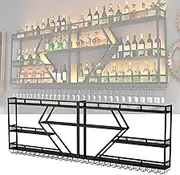 Modern Wall Mounted Wine Rack with Hanging Glass Holder and Liquor Shelf Mini Bar Display for Liquor Bottles and Wine Glasses Black and Blue Light Ideal for Bar or Dining Room 200x20x86cm