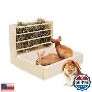 2 in 1 Wooden Rabbit Hay Feeder Box Safe Bunny Feeder Manger Grass Food Holde