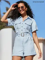 Sosandar Blue Linen Blend Utility Playsuit (Q61045) | $182