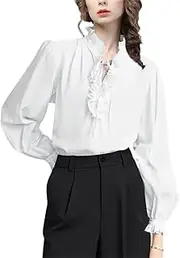 [Generic] 2025 Women Long Sleeve Ruffle Neck Blouse Loose Fitting Casual Office Ladies Tops