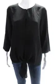 Club Monaco Womens Black Silk V-Neck Front Tie Long Sleeve Blouse Top Size S