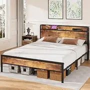 ADVWIN Double Size Bed Frame, Storage Headboard with Charging Station, Industrial Upholstered Platform Bed with Metal Mattress Base Support, No Box Spring Needed, Rustic Brown