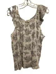 LOFT Sleeveless White Crinkle Rayon, Black Floral Print Blouse Size Large NWT