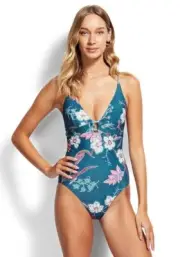 NWT $148 US 12 Seafolly Balinese Retreat Halter Peacock Blue One Piece