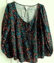 New AVA & VIV wow PRETTY PEASANT Black pink Floral Long Sleeve Blouse Top X NWT