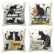 Black Cat and Books Pillows Cover Set of 4 Floral Butterfly Decor Throw Pillow