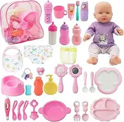 SOTOGO 34 Pieces Baby Doll Care Set Doll Feeding and Changing Accessories Set Baby Doll Accessories in Bag, Without Doll