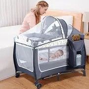 Portable Baby Crib, Foldable Baby Portacot, Baby Playpen with Canopy, Nursery Center, Foldable Travel Playard with Changing Table, Soft Mattress, Hanging Toys and Carry Bag