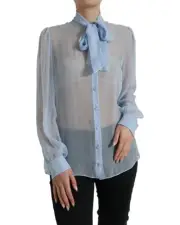 Dolce & Gabbana Long Sleeve Bow Tie Blouse Women Light Blue Tops