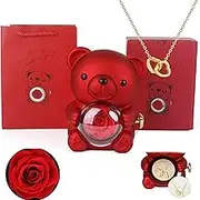 Engraved Heart Necklace with Real Rose Bear Giftbox, Preserved Rose Hug Bear Gifts for Women with Heart Necklace, Rotating Bear Rose Jewelry Box, Mom, Wife, Girlfriend (Red)