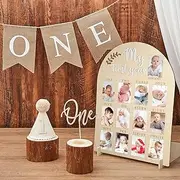 4 Pcs My First Year Photo Board 1st Birthday Wood Acrylic Sign 12 Monthly Picture Frame First Birthday High Chair Banner Cone Hat One Cake Topper First Birthday Decorations for Boy Girls
