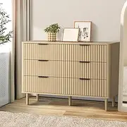 Oikiture Chest of Drawers 6 Storage Cabinet Dressers Lowboy Stripe Natural