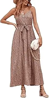 [SHINsuke] Women Summer Leopard Flowy Slip Maxi Dress Sexy Casual Spaghetti Strap Front Split Belt Long Swing Cami Sundress Beach