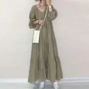 Long-Sleeve V-Neck Plain Ruched Maxi A-Line Dress Army Green - One Size