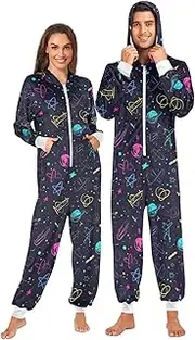 [ZZXXB] Physical Planet Onesie Pajamas for Adult Women Men Long Sleeves One Piece Onesies Hooded Sleepwear S - XL