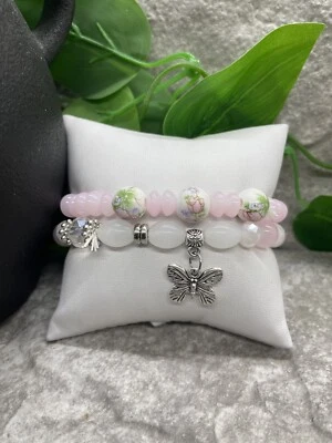2 PC Handmade Bohemian Beaded Stackable 7" Plus Stretch Bracelet Set New B1061