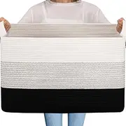 OIAHOMY Extra Large Blanket Basket, 95L Cotton Rope Woven Laundry Basket, Toy Bin for Baby Room, Container for Blanket Storage in Living Room, 24''×17''×14'', Gradient Black