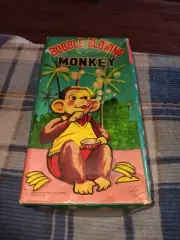 Vintage Tinplate Battery-Operated Bubble Blowing Monkey, Alps Japan - 1950's