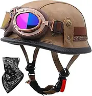 Vintage Leather Motorcycle Half Helmet Half Shell Open Helmet Four Seasons Helmet with Goggles Removable Liner for Adult Men Ladies Cruiser Mopeds DOT/ECE Approved