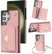 Wallet Case for Samsung Galaxy S24, Matte Leather Wallet Phone Case Detachable Shoulder Strap Buckle Design Cover - Pink