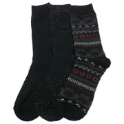 Muk Luks Womens 3 Pair Boot Socks Black Speck Ribbed & Geo Print