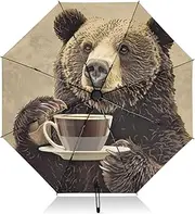 [PDZRMY] Bear Coffee Retro UV Protection Travel Umbrella Compact for Rain and Sun - Auto Open and Close UPF 50+ Windproof Portable 46” Sun Umbrella for Women and Men