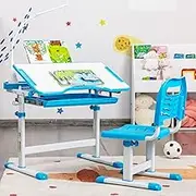 HONEY JOY Kids Desk and Chair Set, Height Adjustable Kids Study Table and Chair Set w/Book Stand, LED Light, Tilted Tabletop, Pull-Out Drawer, Pencil Case, Home School Children Desk Chair Set (Blue)