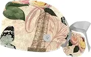 [WOSHJIUK] Working Hat 2 Pack Scrub Caps for Women,Eiffel TowerParis Postcard,Tie Back Cap Adjustable Scrub Hat