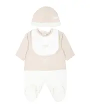 Three-piece hat bib and jumpsuit 6M White