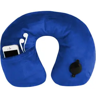 《TRAVELON》絨布音樂護頸充氣枕(藍) | 午睡枕 飛機枕 旅行枕 護頸枕 U行枕