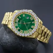 Solid Steel Green Dial Men's Gold Simulated Diamonds Presidential Watch 42mm