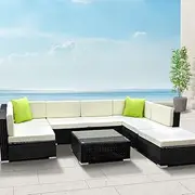 Gardeon Outdoor Sofa 7 Seater Wicker Lounge Setting Table and Chairs, Patio Furniture Rattan Modular Set Garden Deck Backyard Aluminum, Weather-Resistant Cushions Glass Tabletop Black