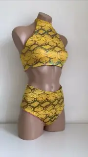 Schminke Pole dance polewear flip reversible yellow snake bottoms halter top