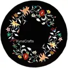 Round Black Marble Patio Coffee Table Top Unique Pattern Inlay Work End Table