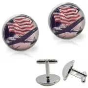 US Army Plane & Flag Glass Top Men's Cufflinks Handmade Men's Gift
