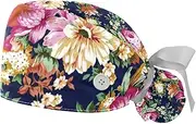 [WOSHJIUK] Working Hat 2 Pack Scrub Caps for Women,Retro Flowers Print Floral,Tie Back Cap Adjustable Scrub Hat