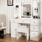 Dressing Table With LED Mirror Stool Set Girl Makeup Vanity Desk White 6 Drawers
