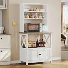 White Kitchen Bakers Rack Microwave Stand Organizer w/Power Outlet Storage Shelf
