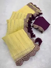 Tissue Net Saree with Embroidery Lace Border and Contrast Satin Banglori Blouse
